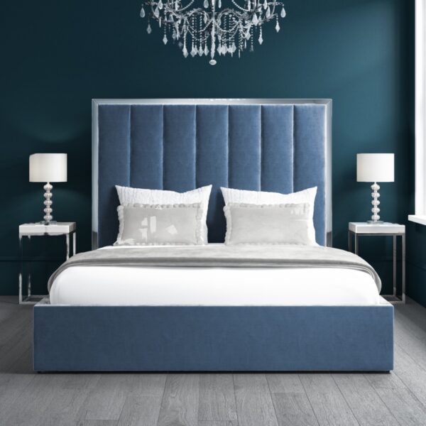 Blue Velvet Double Ottoman Bed with Tall Headboard – FSH