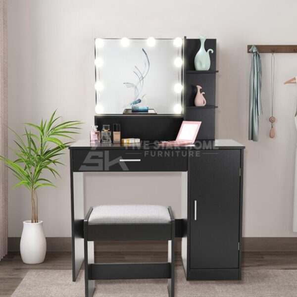 Wide Vanity Set With Stool And Mirror