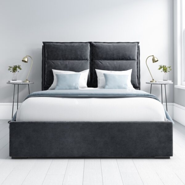 Grey Velvet King Size Ottoman Bed with Pillow Headboard