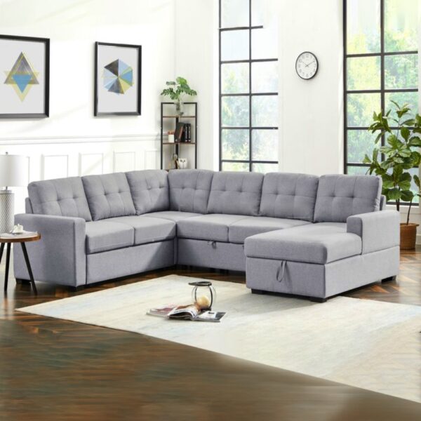 Large Sofa with Storage Wide Linen Right Hand Facing Sleeper