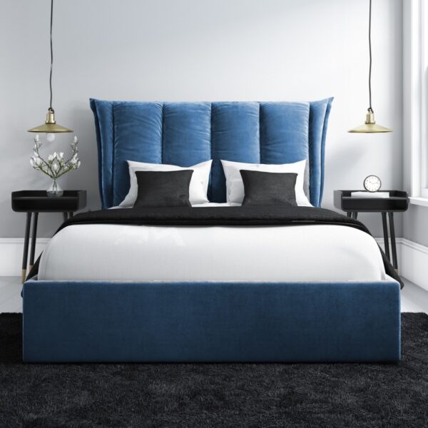 Light Blue Velvet King Size Ottoman Bed with Cushioned Headboard
