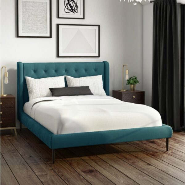 Light Green Velvet Small Double Bed Frame with Winged Headboard