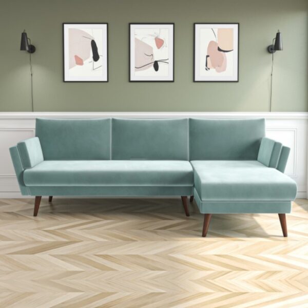 Mint green velvet sofa l shape – Right Hand Facing