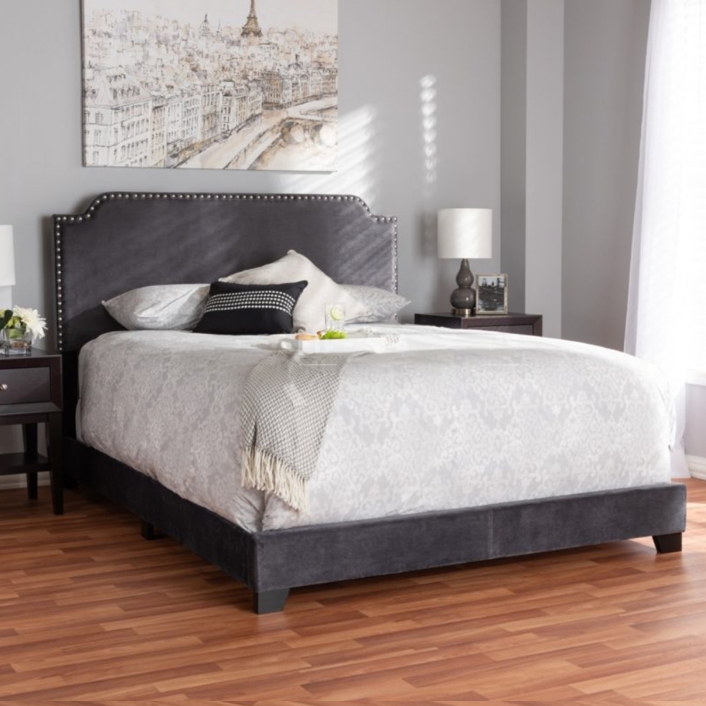 Contemporary Bed With Nail Head Design In Grey