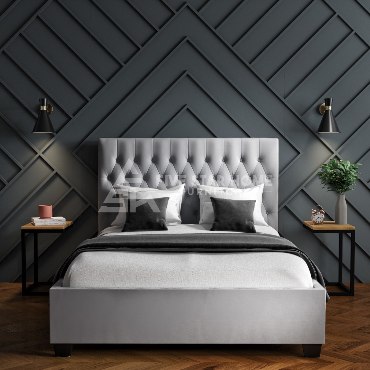 Light Grey Velvet Double Bed With Chesterfield Headboard - Fsh