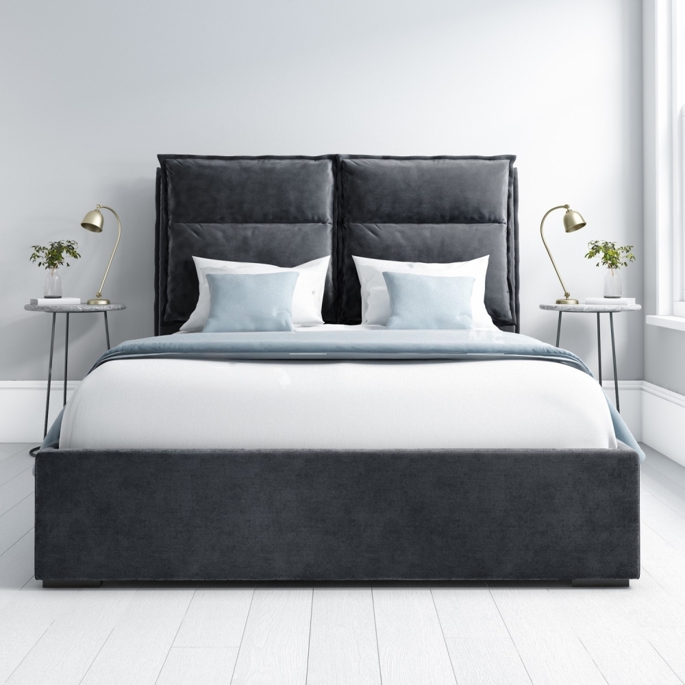Grey Velvet King Size Ottoman Bed With Pillow Headboard