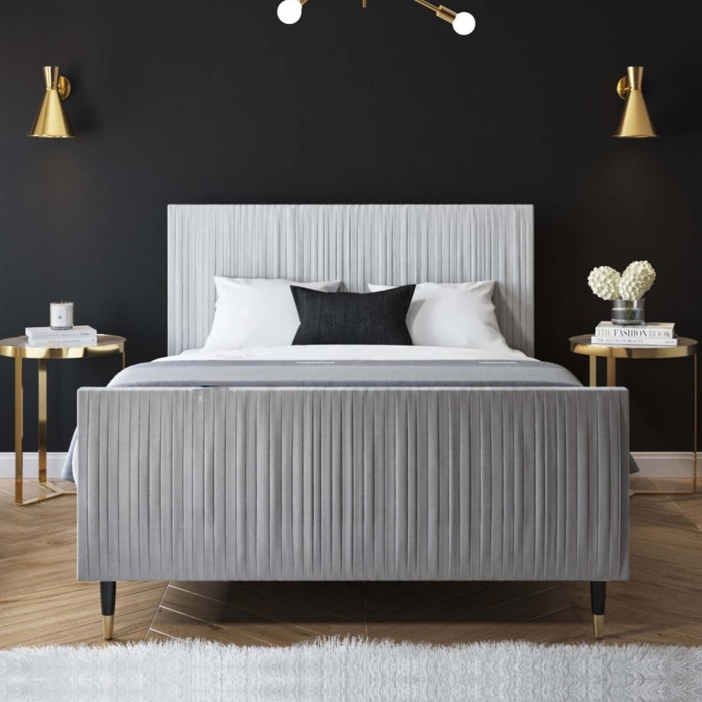 Mid-Century Modern King Size Bed Frame In Light Grey Velvet
