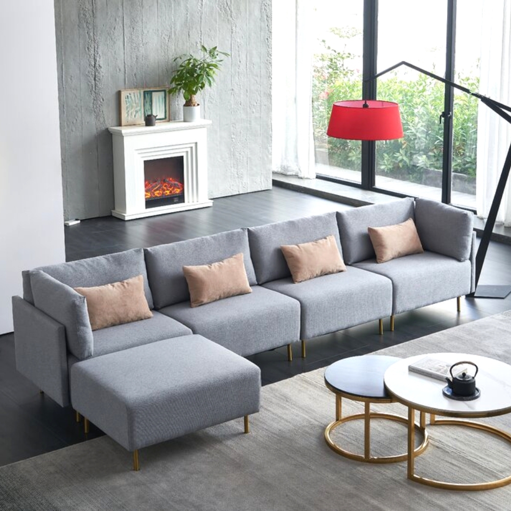 Wide Linen Symmetrical Curved Corner Sectional Sofa