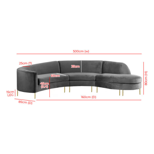 Wide Velvet Sofa Right Hand Fronting Curve Sofa - Image 5
