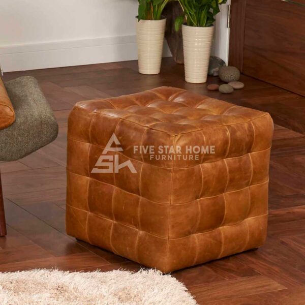 Brown Leather Patchwork Cube Footstool