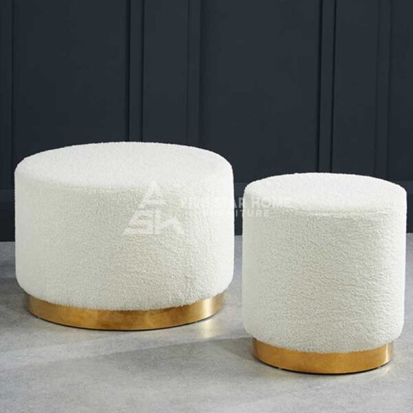 FSH White Fabric Upholstered Ottoman With Gold Base