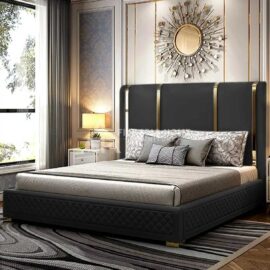 Faux Leather Upholstered and Polished Gold Bed