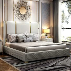 Faux Leather Upholstered and Polished Gold Bed
