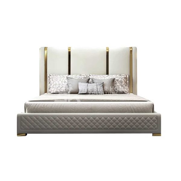 Faux Leather Upholstered and Polished Gold Bed