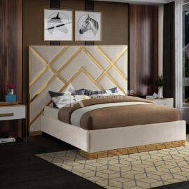 Modern Velvet Upholstered Bed with Gold Geometric Design