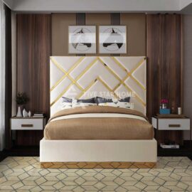 Modern Velvet Upholstered Bed with Gold Geometric Design