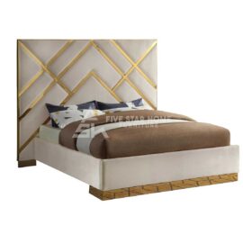 Modern Velvet Upholstered Bed with Gold Geometric Design