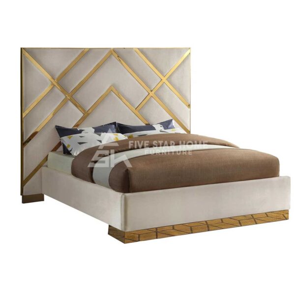 Modern Velvet Upholstered Bed with Gold Geometric Design