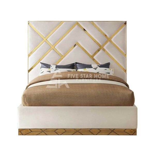 Modern Velvet Upholstered Bed with Gold Geometric Design