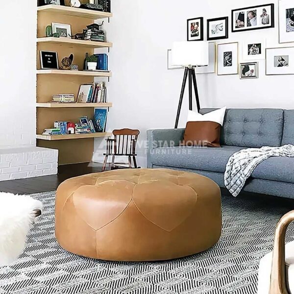 Round Tufted Faux Leather Upholstered Ottoman