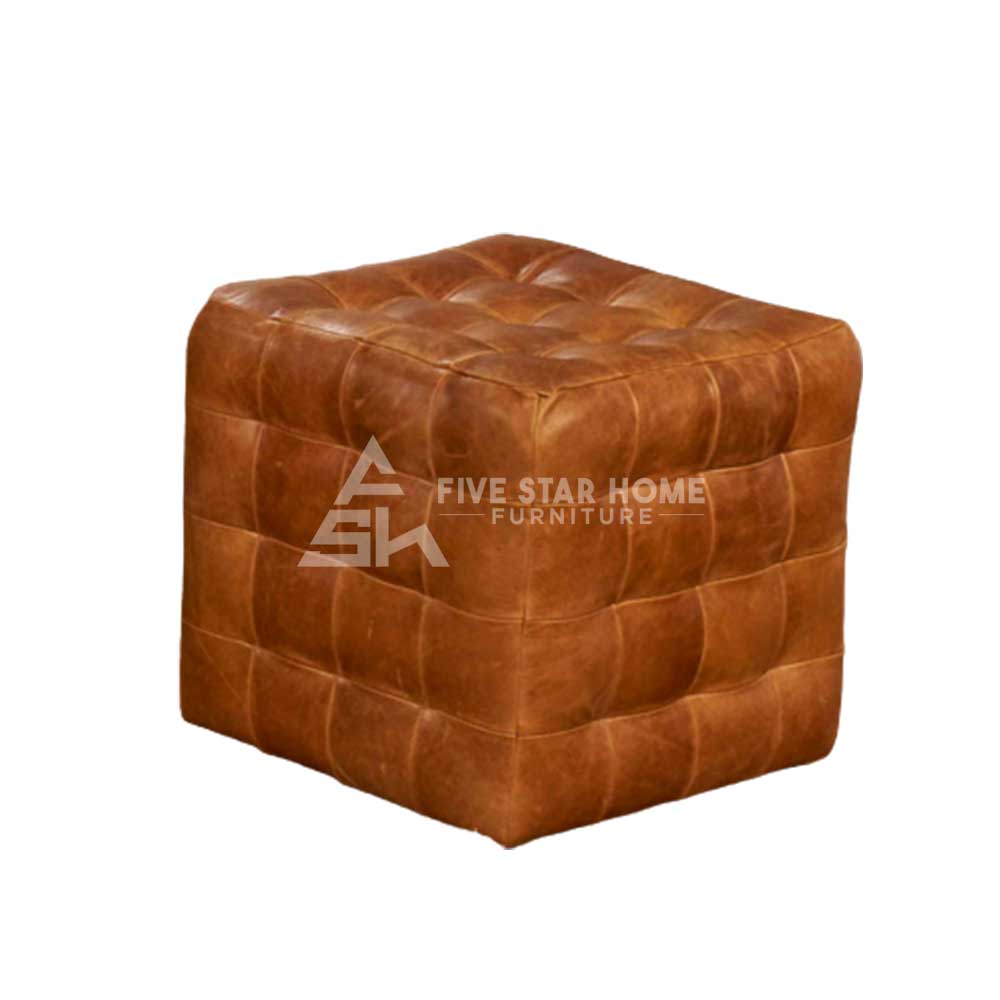 Brown Leather Patchwork Cube Footstool