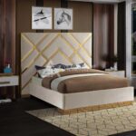Modern Velvet Upholstered Bed with Gold Geometric Design