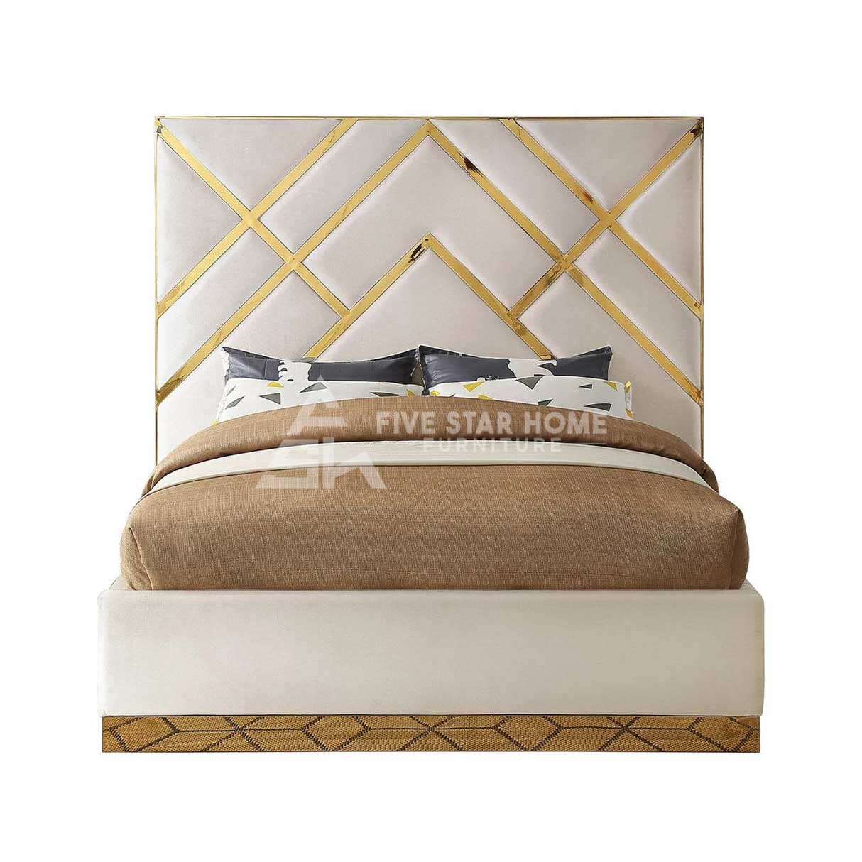 Modern Velvet Upholstered Bed With Gold Geometric Design