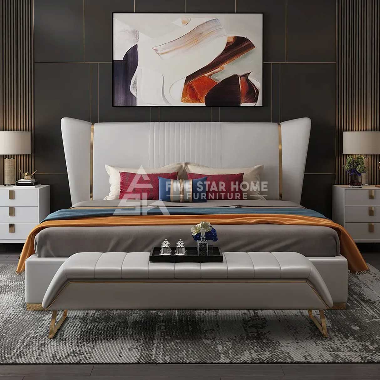 Stylish Wingback Headboard Faux Leather Upholstered Bed