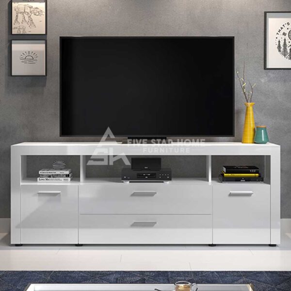 Stylish White High Gloss Tv Stand With 2 Doors And 2 Drawers