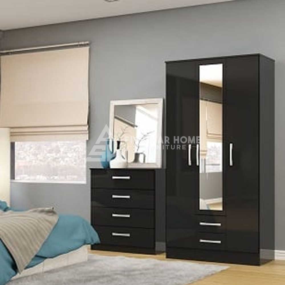 3 Door Wardrobe In Black High Gloss With Mirrored