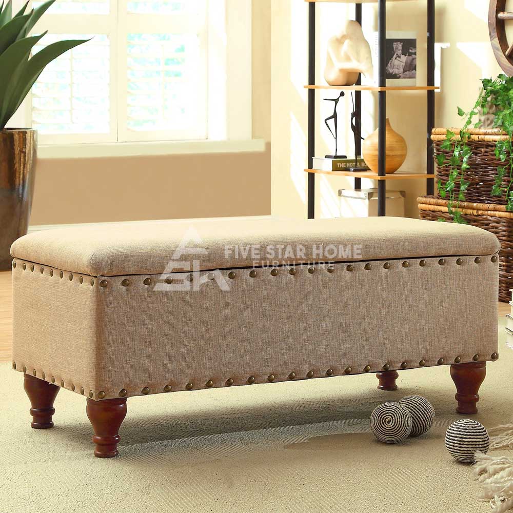 Fabric Upholstered Storage Bench With Nailhead Trim