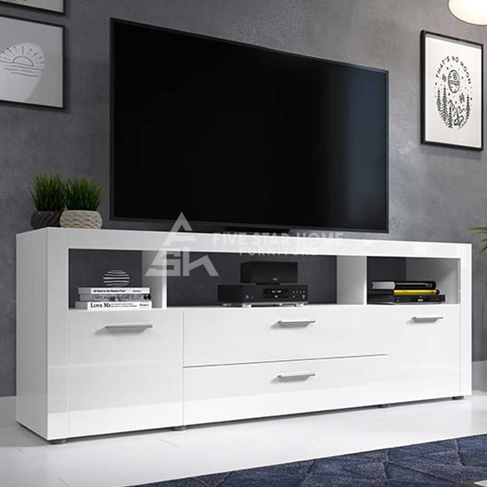 Stylish White High Gloss Tv Stand With 2 Doors And 2 Drawers