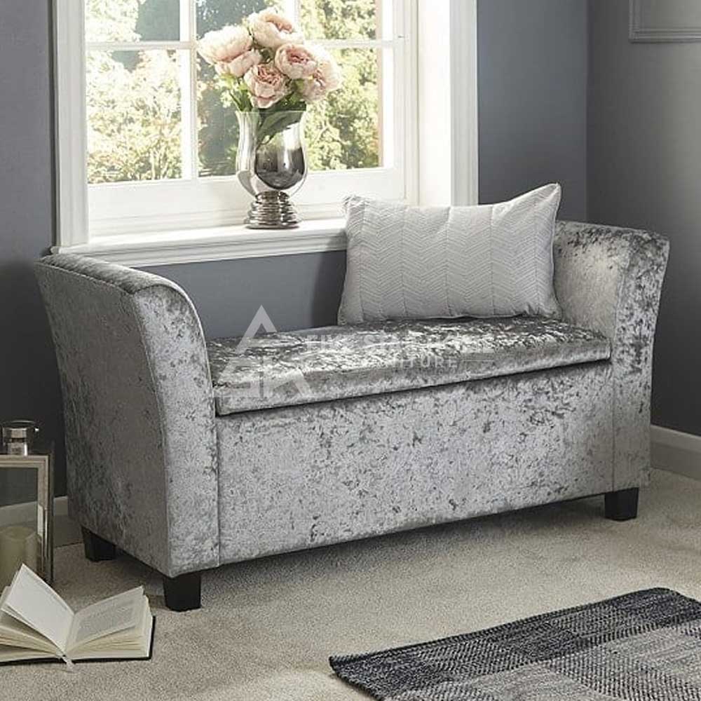 Velvet Fabric Upholstered Ottoman Seat In Grey