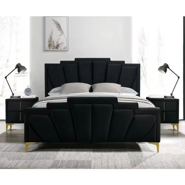 3-Piece Art Deco Black Velvet Upholstered Bedroom Set