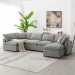 6 Seat Chenille Sectional Sofa with Ottoman